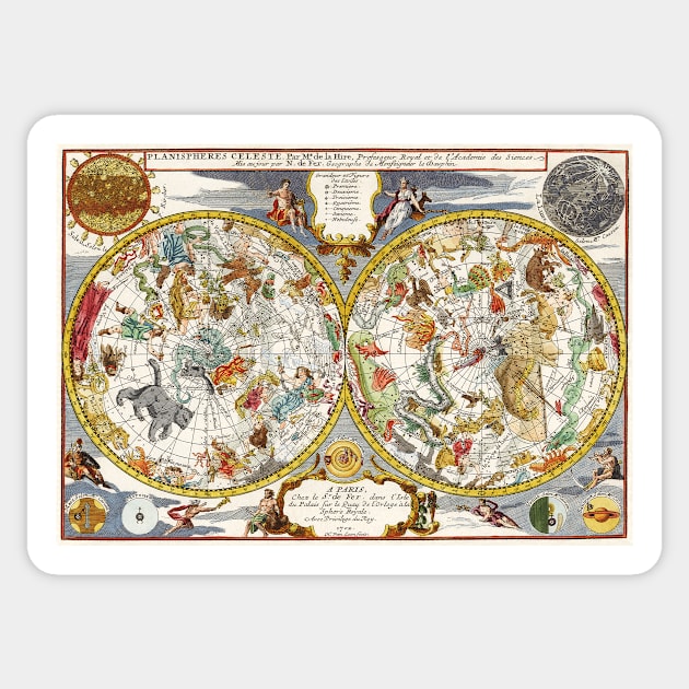 Vintage Double Hemisphere Planisphere Star Map by Nicholas de Fer, 1705 Sticker by MasterpieceCafe